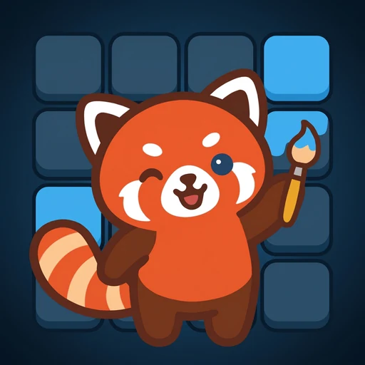 Ressa Nonograms icon: a red panda waving in front of a grid of blue tiles