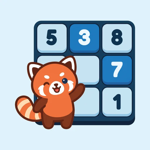 Ressa Sudokuのアイコン：数字の5、3、8、7、1が入ったナンプレのブロックの前で手を振るレッサーパンダ