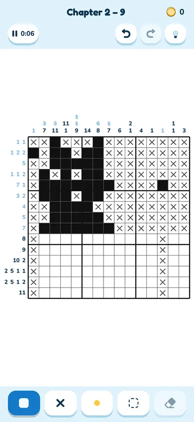 A 15×15 grid with row and column numbers, undo and redo buttons, a hint button and the fill, cross and note tools