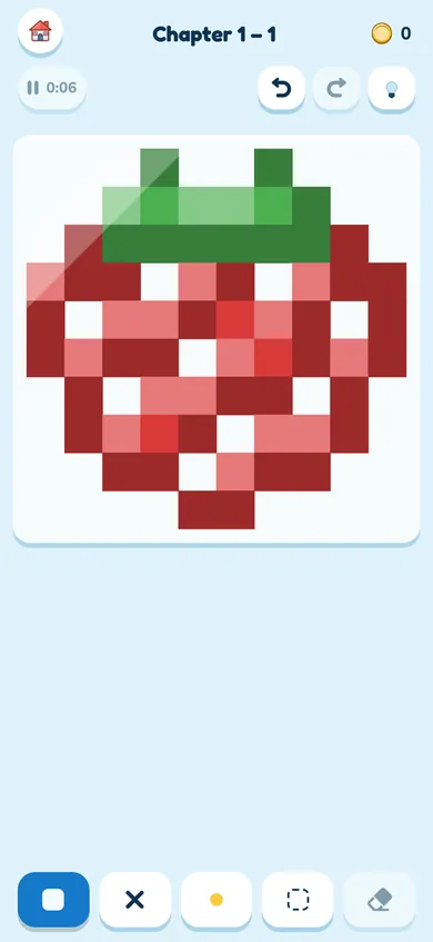 A solved grid turning into its picture: a strawberry, in colour