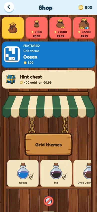 The shop: bags of gold at the top, a featured item, a striped awning and a wooden sign reading Grid themes above the themes on sale