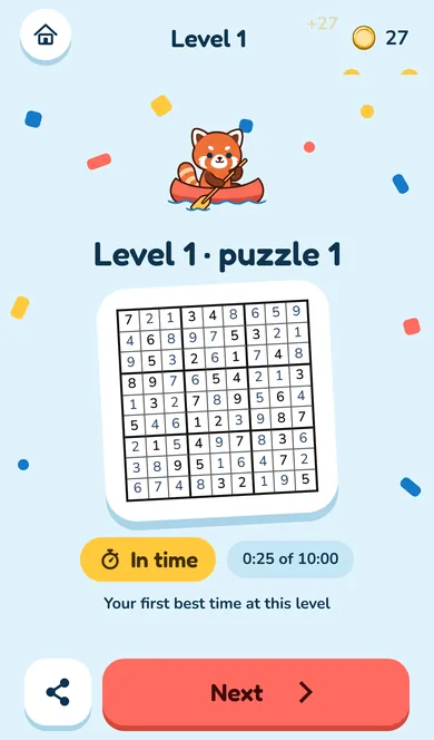 解き終えたグリッドの上のレッサーパンダ、「時間内」バッジ、制限時間10:00に対するタイム、シェアボタンと「次へ」ボタン