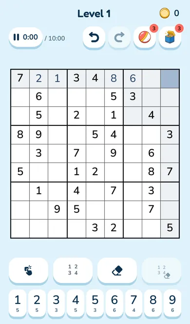 白黒の9×9のナンプレのグリッド。タイマーは0:00 / 10:00、「元に戻す」「やり直す」、2つのヒントボタン、各数字の残り数を表示する数字キー